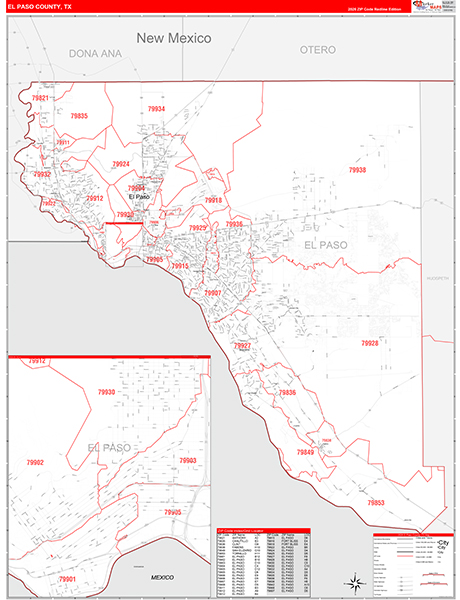 El Paso County, TX Zip Code Wall Map